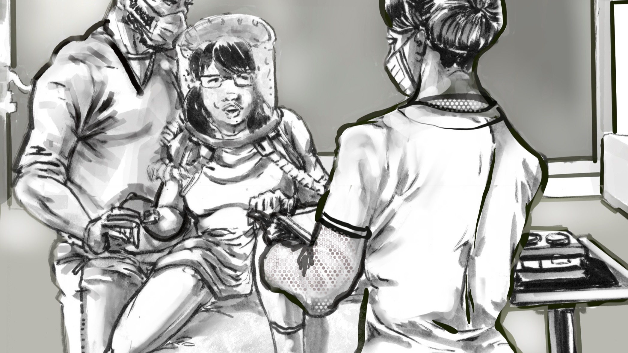 Illustration of a patient receiving helmet ventilation